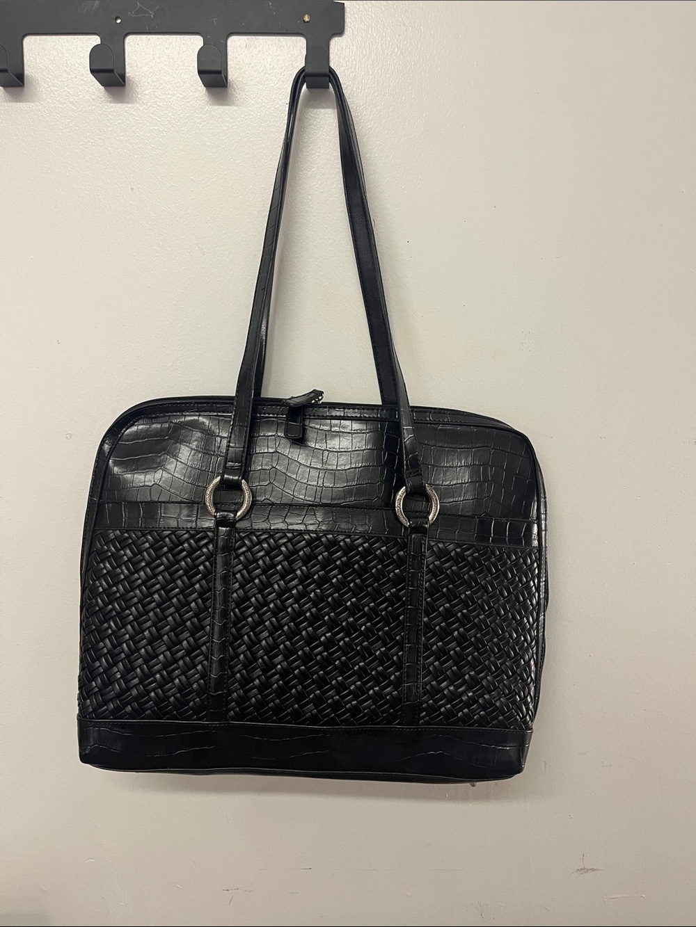 Women's Black Woven Tote Shoulder Bag